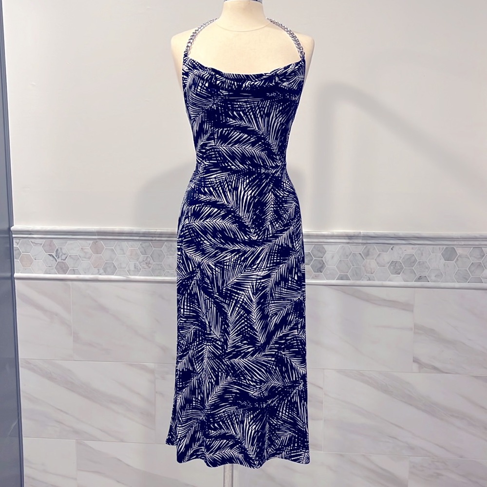 New Michael Kors Palm Leaf Print Navy White Midi Dress Size S